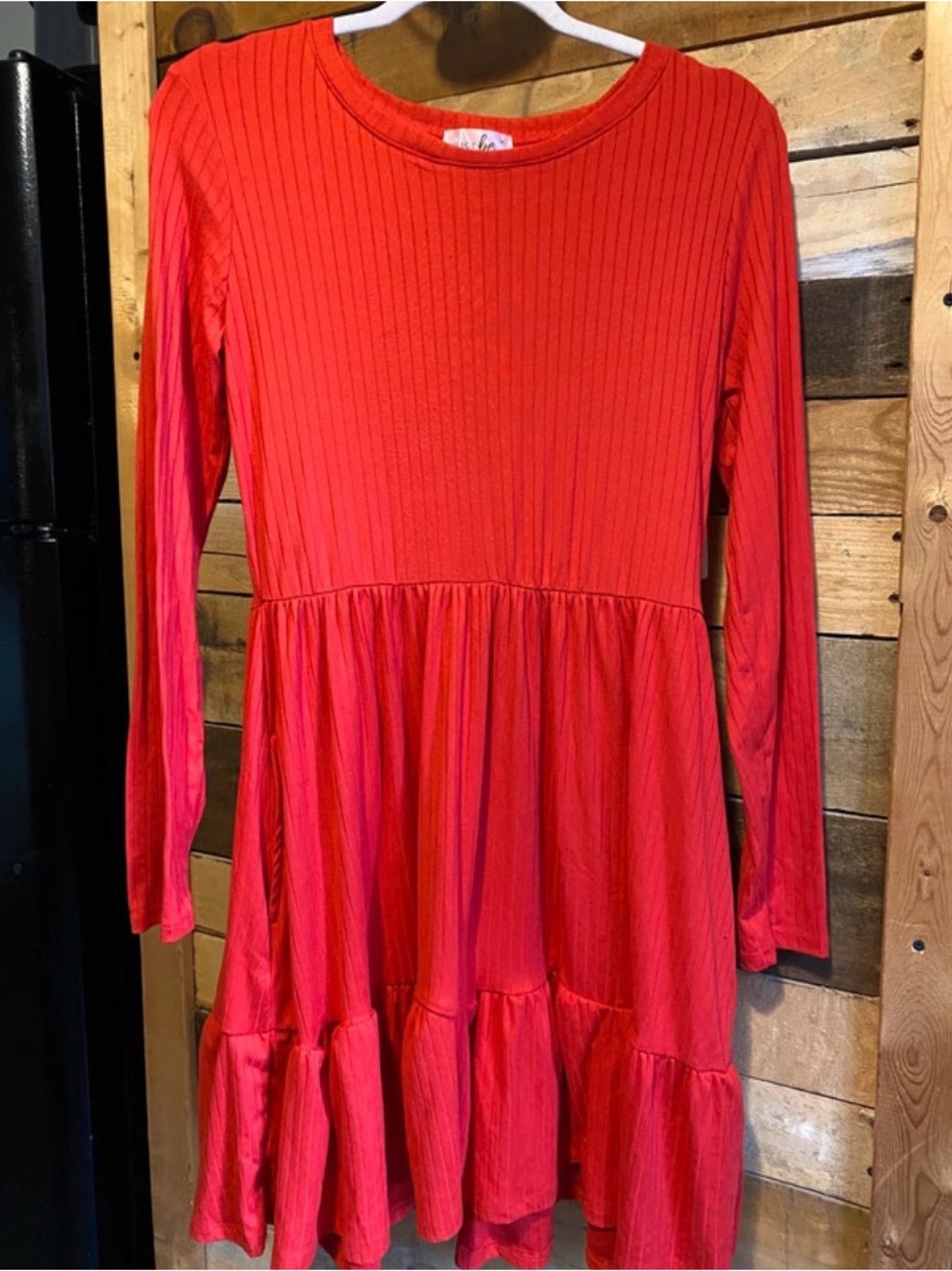 just be Red Long-Sleeve Tiered Knit Dress